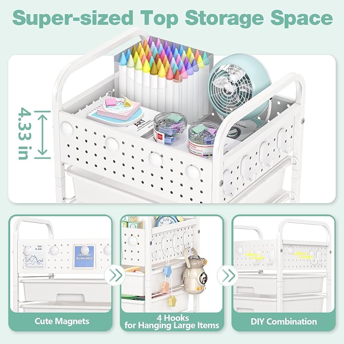 4 Drawer Rolling Storage Cart with Pegboard Top and Hooks, Mobile Organizer Cart with Wheels for Office Supplies, Craft Storage, Classroom Organization, Home Utility Cart, White