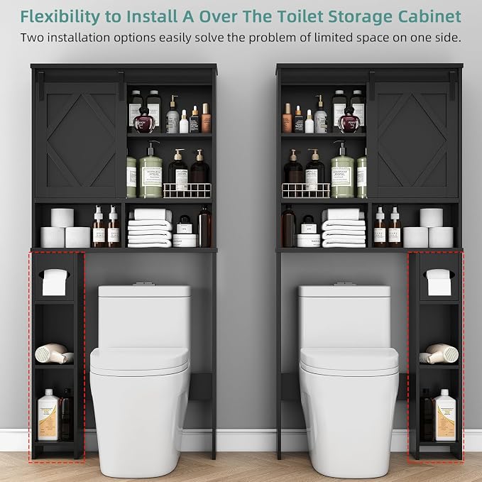 Over the Toilet Storage Cabinet with Farmhouse Sliding Barn Door, Above Toilet Organizer with Toilet Paper Holder Stand, Behind Toilet Shelf, Space Saver for Restroom, Bathroom, Laundry, Black