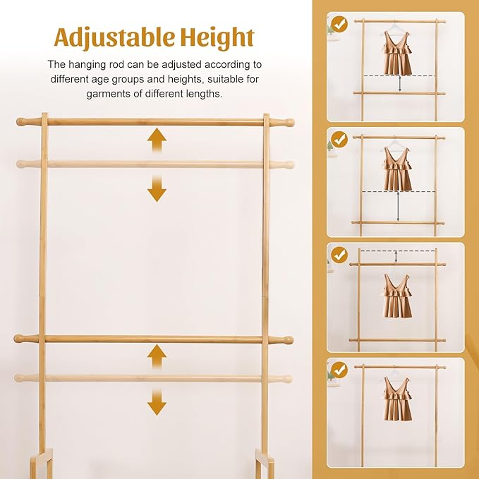 Bamboo Kids Clothing Rack: Holds Up To 121 Lbs of Dress-Up Clothes | 2 Adjustable Hanging Rods & 2 Storage Baskets With Shelf. Child Garment Holder for Playroom & Toddler Bedroom (Natural)
