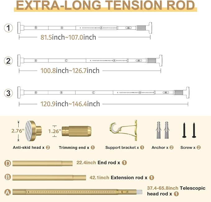 Gold Tension Curtain Rod 41-146In(4-12Ft), Extra Long Outdoor Curtain Rod No Drilling for Window or Bathroom Patio, Adjustable Spring Shower Rod,Rod Diameter 1.26In-One-bond stretching