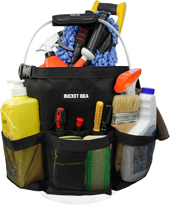 MELOTOUGH Bucket Tool Organizer Fits 5 Gallon Water-Resistant Mesh Pockets | Water Resistant, Multiple Compartments Pockets, Hold Large Brushes & Garden Tools, Fits 3.5-5 Gal Buckets, Easy to Carry