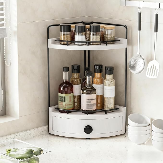 2-Tier Corner Bathroom Counter Organizer with Drawer, White | Embedded Screw Holes, Wooden Countertop Organizers, Space-Saving, Bottom Ventilation Design, Counter Shelf for Vanity