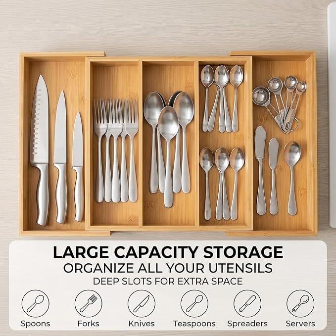 FUSHITON Expandable Bamboo Drawer Organizer, Adjustable Utensil Tray for Knives and Cutlery, Natural Wood Silverware Organizer for Kitchen, Bathroom