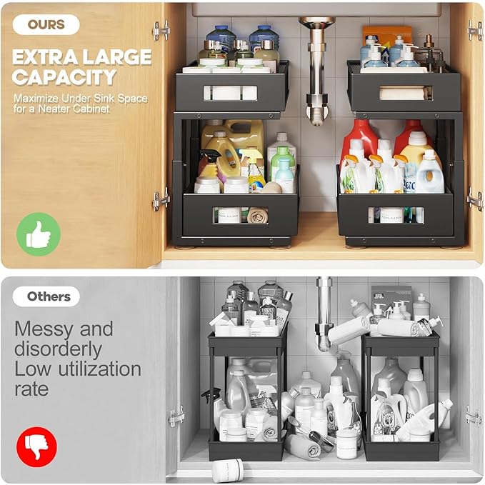 2-Tier Under Sink Organizer With Sliding Drawers, Pull-Out Cabinet Organizer With Adjustable Height, Kitchen & Bathroom Storage Shelf, Black, 1 Pack