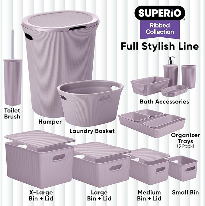 Superio Ribbed Collection - Decorative Plastic Basket Open Home Storage Bins Organizer, Medium Lilac Purple (2 Pack) Container Boxes for Organizing Closet Storage Bins for Shelves 5 Liter