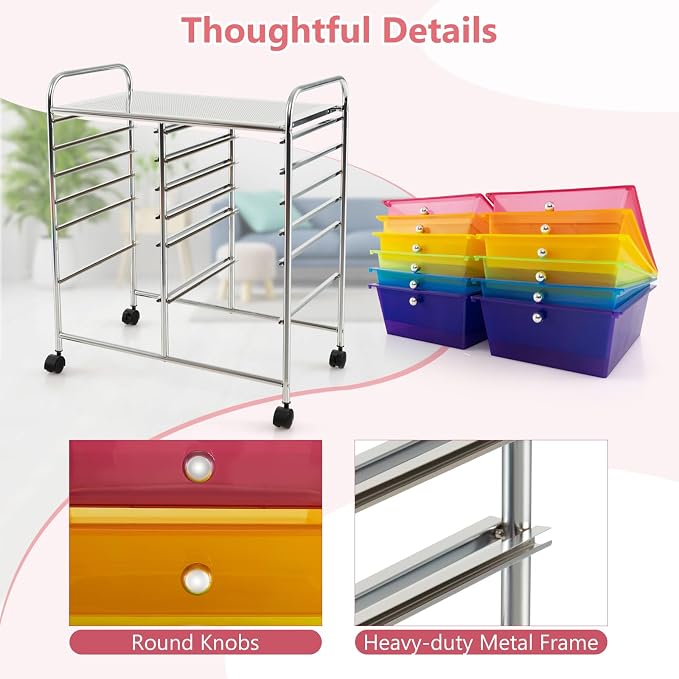 DREAMADE Rolling Cart with Storage Drawers, Utility Cart with Removable Plastic Drawers, Lockable Wheels, Art Cart for Classroom Organization Art Supplies Office Scrapbook (‎12 Drawers, Rainbow)