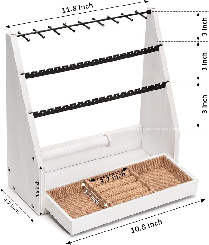 DGWJSU Earring Organizer, 5 Layer Earring Holder Organizer with Necklace Holder, Rustic Wood Jewelry Organizer Stand Display for Stud Earring Bracelet Necklace Ring, Watches