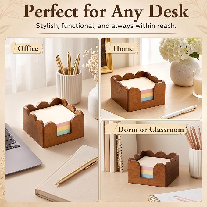 AceOrbit Scalloped Wooden Sticky Note Holder, 3x3 Inch Cute Notepad Holder Sticky Note Dispenser with Wave Design, Thick Desk Organizer for Office, Home, Dorm, Classroom Desk