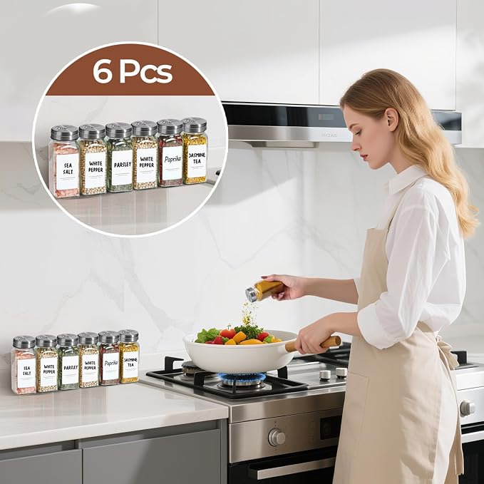 ComSaf Glass Spice Jars with Shaker Lids 4 oz 6 Pack Square | Labels, Seasoning Herbs Powders, Salt Pepper Chili, Spice Rack Organization, Kitchen Cabinet Storage, Funnel Included
