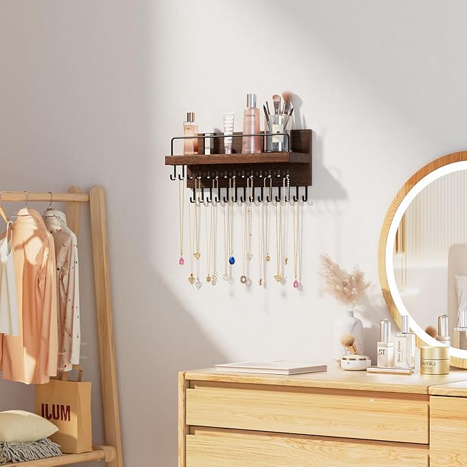 Lolalet Necklace Holder for Wall, Hanging Jewelry Organizer -Brown | 28 Hooks Wooden Wall Mount Jewelry Organizer with Perfume Shelf, Holds Necklaces, Bracelets & Accessories, Tangle-Free