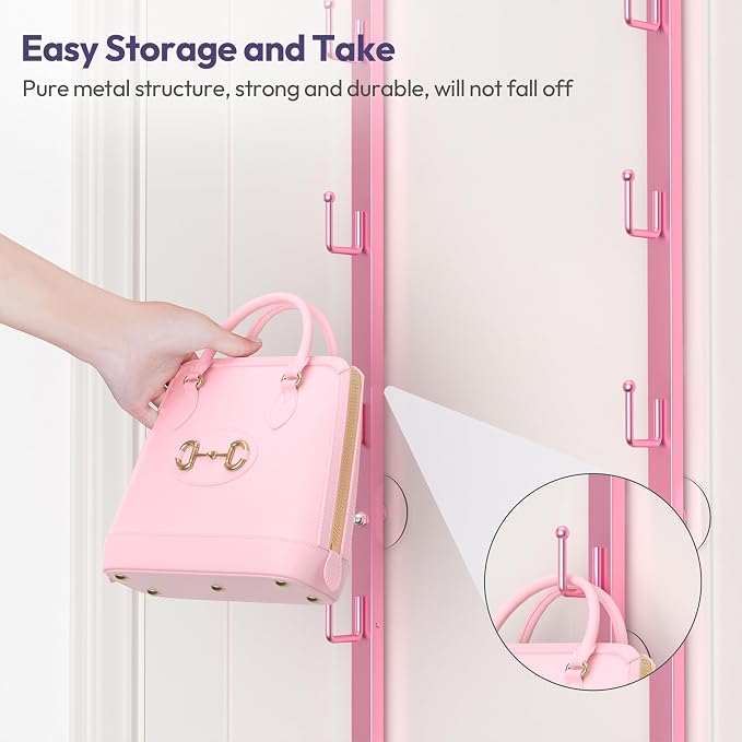 SWTYMIKI Over the Door Purse Organizer - 2 Packs Wall Mounted Purse Rack with 8 Hooks Design, Hanging Handbag Organizer Storage Holds up to 16 Bags, Bag Rack for Closet, Door(Pink)