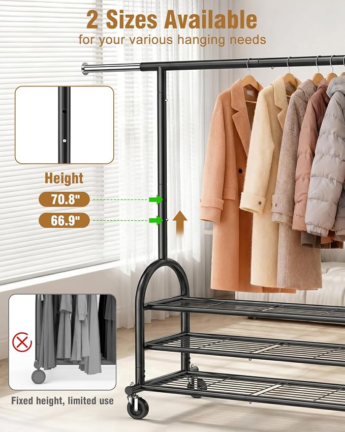 EAGMAK Heavy Duty Clothes Rack for Hanging Clothes Load 688 LBS, Height Adjustable Rolling Clothing Racks, Portable Metal Coat Rack Garment Wardrobe with Wheels and 3 Shelves for Bedroom, Black