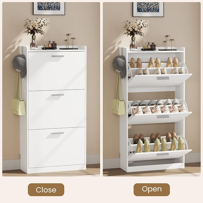Shoe Cabinet Organizer with 3 Flip Drawers & 3-Tier Adjustable Shelves, Freestanding Shoe Rack Cabinet, Narrow Shoe Storage for Entryway, Foyer, Hallway, 23.6" W × 8.7" D × 47.2" H, White