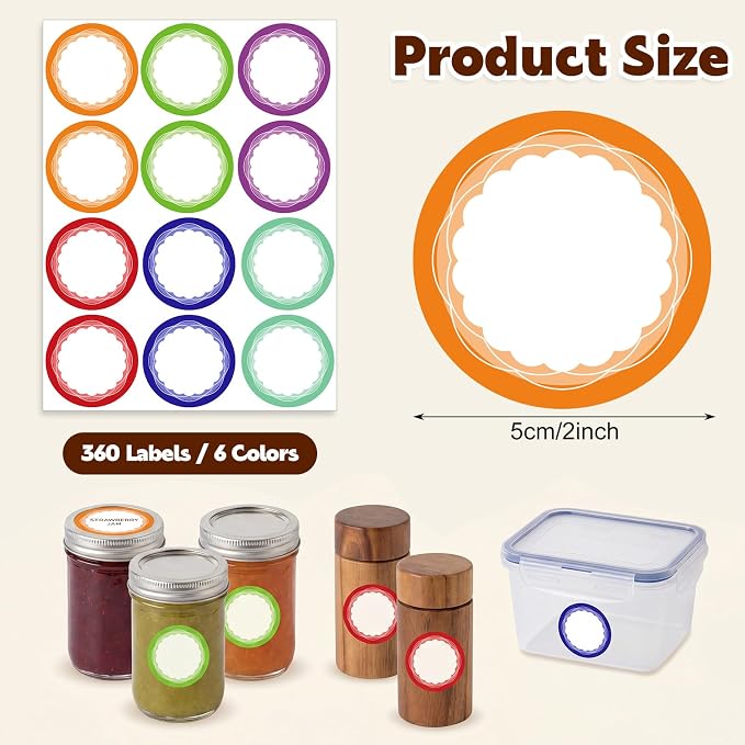 360 Pcs Canning Jar Labels, 2 Inch Round Removable Stickers, 6 Colors | Writable Labels, Easy Peel, No Residue, For Jars, Bottles, Pantry, Meal Prep, Gift Wrap And Party Favors