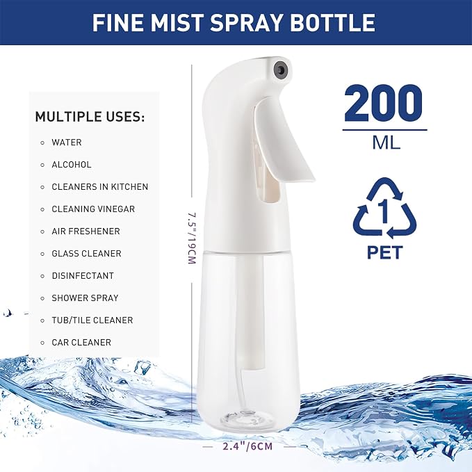 TANSHINE Continuous Spray Bottle for Hair 2 Pack,Fine Mist Water Hair Spray Bottles,Mister Spray Bottle,Refillable Plastic Sprayer for Hairstyling, Cleaning,Alcohol, Plants, Salons,6.8oz/200ml,Clear