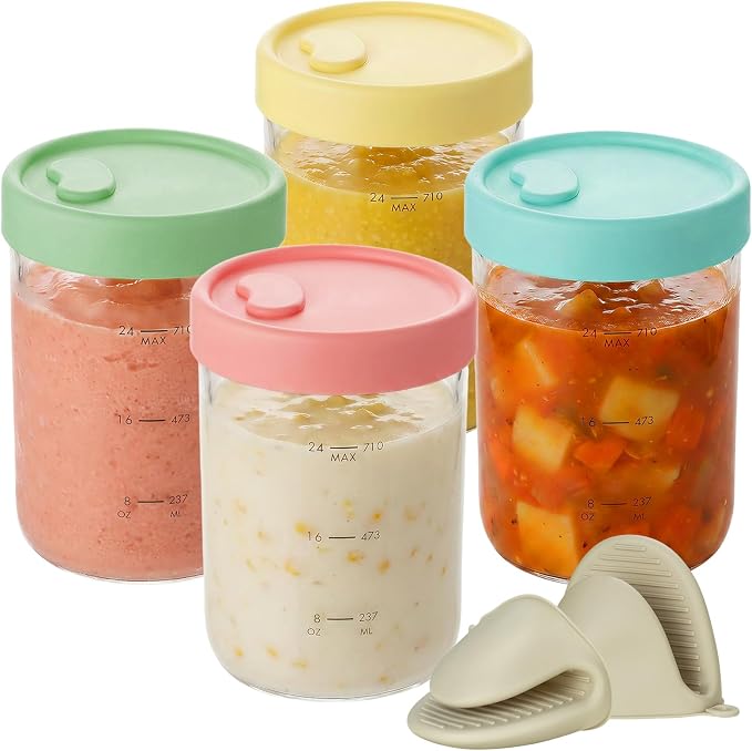 4-Pack Glass Soup Freezer Containers with Vented Silicone Lids, 24oz High Borosilicate Meal Prep Jars, Leakproof Microwave and Dishwasher Safe Food Storage Set for Stew, Sauce, Home and Office