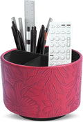 Round Leather Art Supply Organizer,Remote Control Holder,360 Degree Spinning,Multi-Functional Pencil Holder,4 Compartments Desktop Stationary Organizer(1-Carved Red)