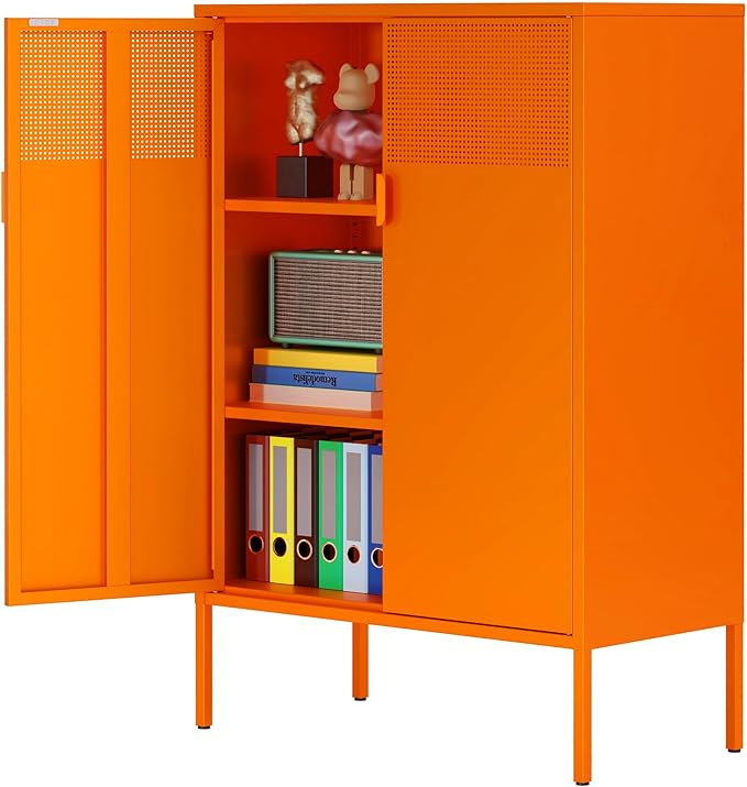 Ustamio Orange 3 Tier Metal Storage Cabinet with Legs, 2 Door Metal Locker Style Accent Storage Cabinet with 2 Adjustable Shelves for Home, Office, Entryway and Hallway