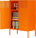Ustamio Orange 3 Tier Metal Storage Cabinet with Legs, 2 Door Metal Locker Style Accent Storage Cabinet with 2 Adjustable Shelves for Home, Office, Entryway and Hallway