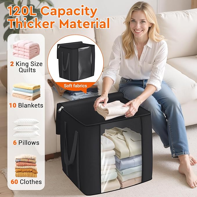TasticTotes 120L Extra Large Blanket Clothes Storage Bags, Gray, 2 Pack | Foldable Blanket Storage and Organization, Thick Fabric Containers with Reinforced Handles & Zippers for Comforters, Bedding
