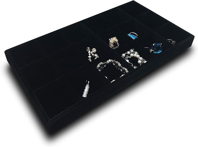 The Display Guys - Stackable Jewelry Tray and Organizer - for Drawers, Dressers, Store Display (18 Compartments, Black Velvet)