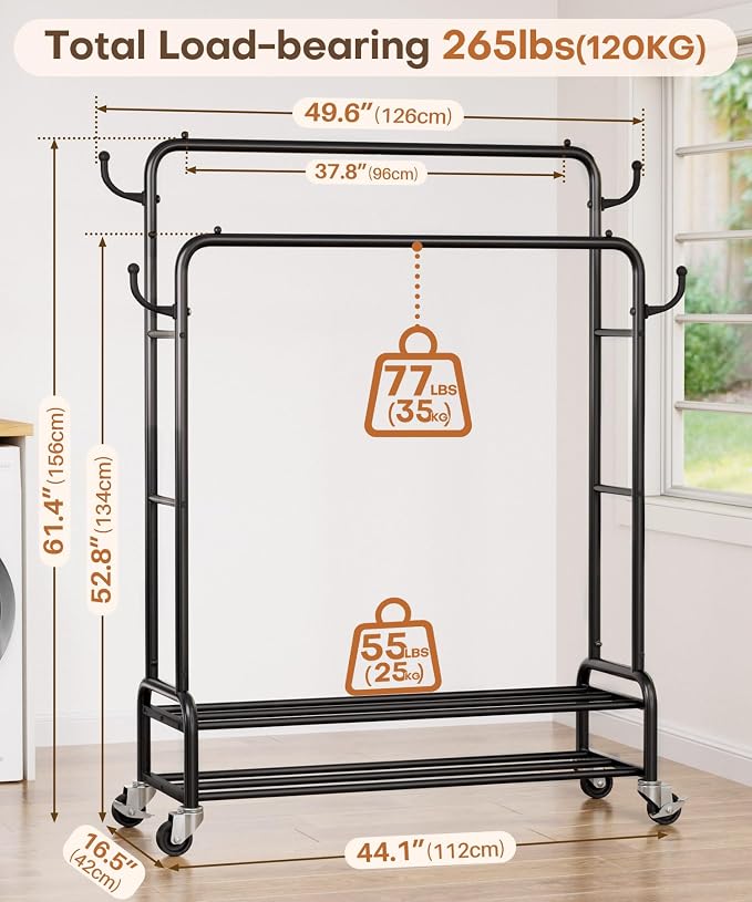 Homde Sturdy Garment Rack for Bedroom: 265 lbs Heavy Duty Clothes Organizer | 2 Hanging Rods Hold Coat to T-Shirt - Easy Roll & Park on Wheels - Metal Frame Stays Solid & Stable at Full Load