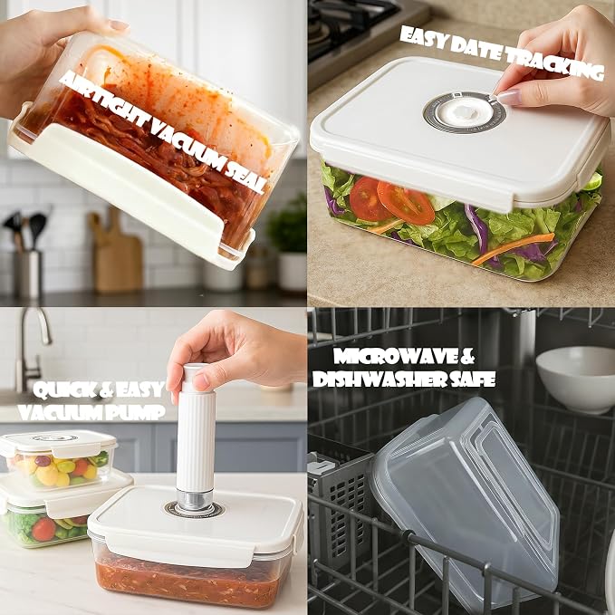 VICARKO 3 PCS Stackable Vacuum Food Storage Containers Set with Hand Pump | Keep Food Fresh Up to 5X Longer, 17 oz/ 34 oz/ 68 oz, White, BPA-Free, Airtight, Leakproof, Date Tracker, Seal Meal Saver