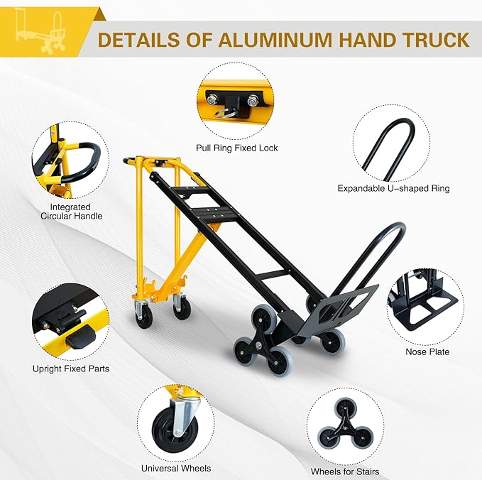 3 in 1 Heavy Duty Industrial Convertible Hand Truck Dolly,1000 LBS Capacity Aluminum Dolly Hand Truck for Stairs,Stair Climbing Hand Trucks with Rubber Wheels for Moving,Transport(Yellow)