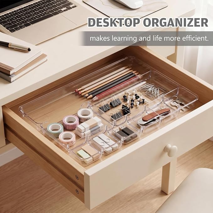 Junkin 2 Pcs Shallow Drawer Organizers 14" x 9" x 1" Desk Drawer Organizer Tray with 9 Storage Compartments for Home Office Classroom School Organizing Pens Paper Clips Sticky Notes (Clear)