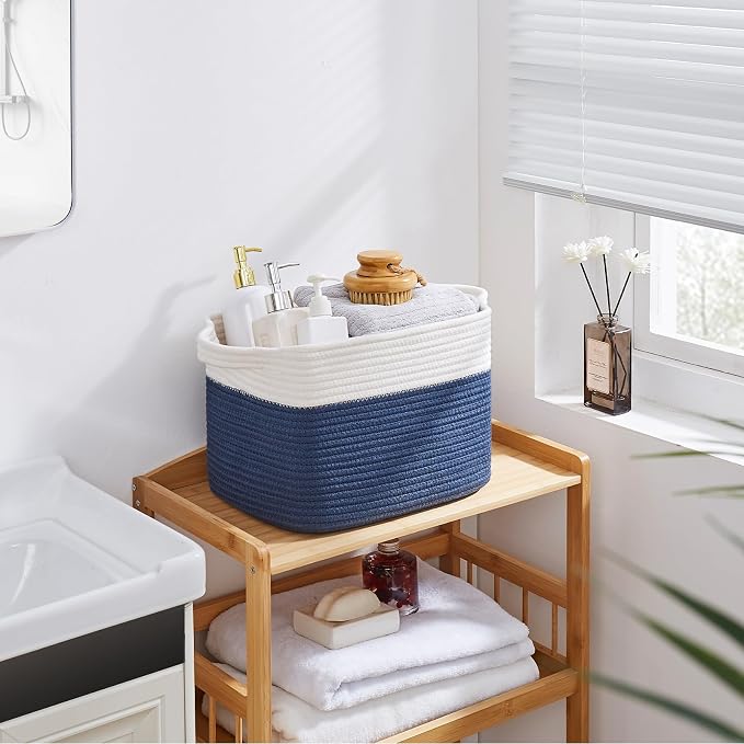 OIAHOMY Storage Baskets - Woven Cotton Rope Baskets for Shelves, Toy Towel Organizer Bins, Pack of 3, Blue & White