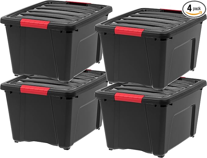 IRIS USA 30 L (32 QT) Plastic Storage Box with Lid and Latches - 4 Pack - BPA-Free, Garage Organizing Solution, Durable Nestable Stackable Containers, Secure Pull Handle - Black