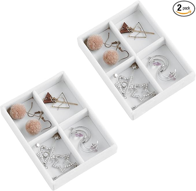 Frebeauty Small Jewelry Trays for Drawer,2 Pack 4 Grid Earring Organizer | Jewelry Display for Rings Stud,Jewelry Box Inserts,Drawer Inserts,Adjustable Dividers,Earring Organizer,Stackable,Mini Size