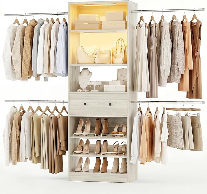 Armocity Wood Closet Organizer System with Sensing Light - 4FT-9FT Expandable Wardrobe Closet with Drawer & 4 Hanging Rods, Heavy Duty Walk-in Closet 1000Lbs for Bedroom Walk-in Closet, White Oak