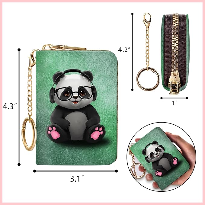 Blusabaca RFID Credit Card Holder Small Women Travel Wallet, Cute Panda | Removable Keychain, Case with Zipper, Vegan PU Leather, Cash Coin Pocket, Business Accordion Purse, Ladies Female Gift