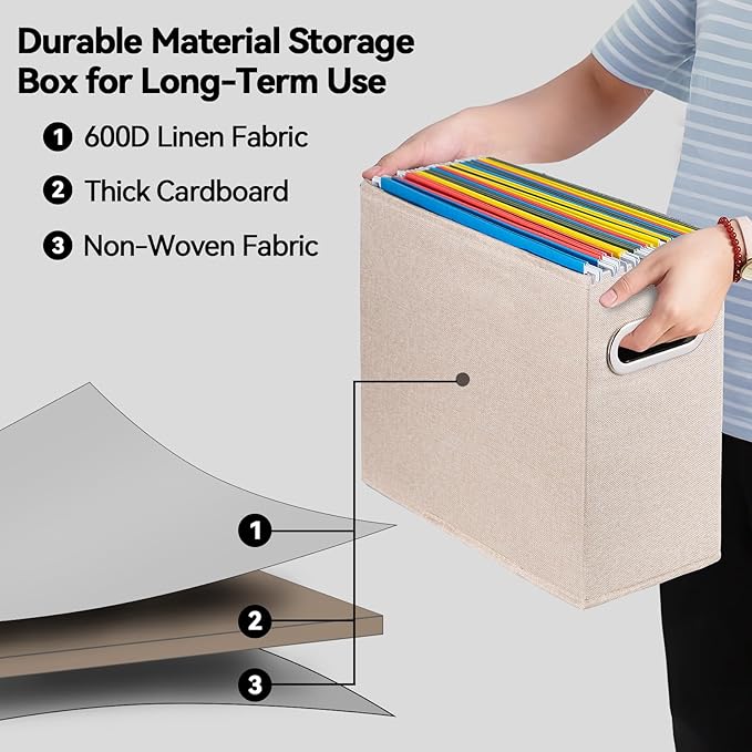 6 Pack Letter Size File Storage Box Collapsible，Fabric Hanging File Folders Organizer, Portable Office Document Holder with Metal Handle, Smooth PVC Rails, Beige