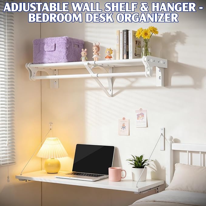Closet Shelf with Hanging Rod, 28-48'' Expandable Closet Rod with Shelf | Wall Mounted & Side Wall Mounted, Steel Closet Shelves Clothes Rack, Holds 220 lb Heavy Duty Closet Rod DIY Divider Separtor