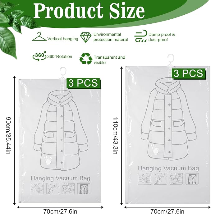 6 Pack Hanging Vacuum Storage Bag, 2 Sizes: 43.3 x 27.6 inch & 35.4 x 27.6 inch Hanging Vacuum Sealer Storage Space Saver Bags, Reusable Space Saver Bags, for Suits, Dress, Jackets, Clear