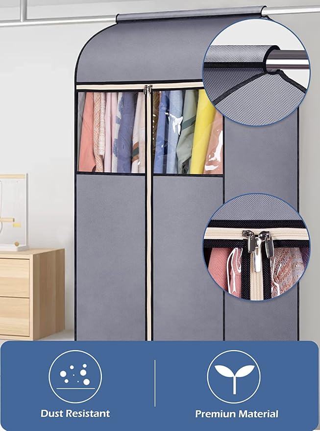 SLEEPING LAMB 60'' Hanging Garment Bags for Closet Storage Sealed Completely Jackets Coats Suits Clothes Rack Cover for Wardrobe with Clear PVC Window, 2 Packs, Grey (Hanging Rod Not Included)