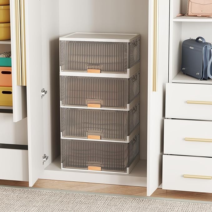 Giantex 4 Tier Stackable Storage Bins with Lids, 18 GalFoldable Shoe Storage Box with Detachable Wheels & Flip-Up Doors, Collapsible Closet Organizers and Storage Bins