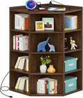 Aheaplus Corner Cabinet, 5-Tier Corner Bookshelf with Power Outlets, Corner Cube Storage Shelf with Top Table, Wooden L Shaped Cubby Toy Storage for Home Office, Bedroom, Living Room, Black Walnut