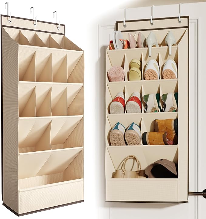 Mefirt Over the Door Shoe Rack for Closet Fit 18+ Pairs, Door Shoe Organizer with Large Breathable Pockets, Hanging Shoes Rack Fit Boots, Behind the Door Shoe Holder for Categorized Storage, Beige ﻿