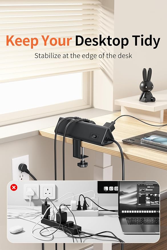 10 FT Desk Clamp Power Strip with 5 AC Outlets & 6 USB Ports PD 40W USB-C Fast Charging, Extension Cord with Multiple Outlets, Fits 2.1 in top Edge Black