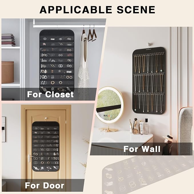Double-Sided Hanging Jewelry Organizer for Necklaces Earrings, 2-Pack Black | Foldable 36 hooks & 40 clear pockets; swivel hook fits walls, doors & rods for earrings, bracelets, rings & small jewelry