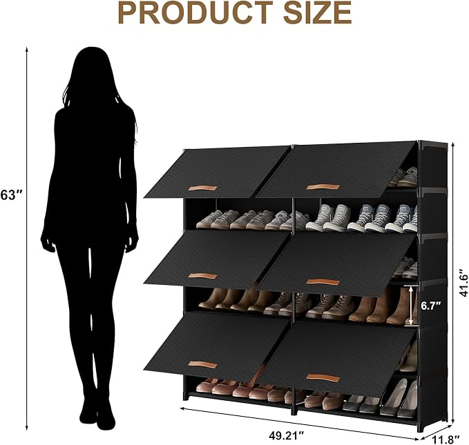 2 by 7 Tier Shoe Cabinet, 42-Pair Storage for Closet, Black | Removable layer fits tall boots. Split into 2 units for different spots. Door keeps shoes clean.