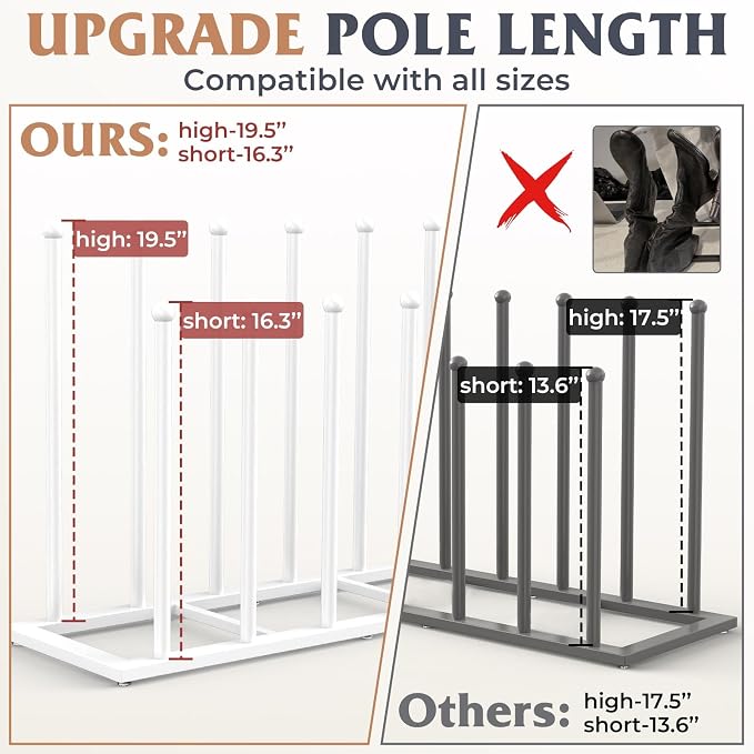 HzTinT Boot Rack, 19.5 Inches Boot Rack Organizer Tall Boots, Stainless Steel Boot Storage Holder, Free Standing Boot Racks for 6 Pairs Entryway, Closet, White