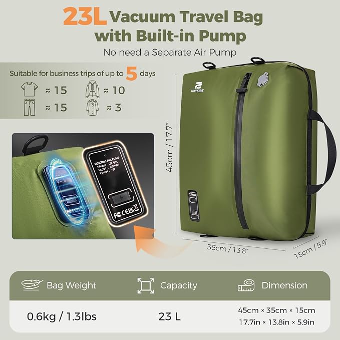 Travel Vacuum Bags with Built-in Pump, Green | Reusable Vacuum Seal Bags for Clothing,Luggage,Packing Compression Storage Bags for Carry-On,Suitcase&Backpack