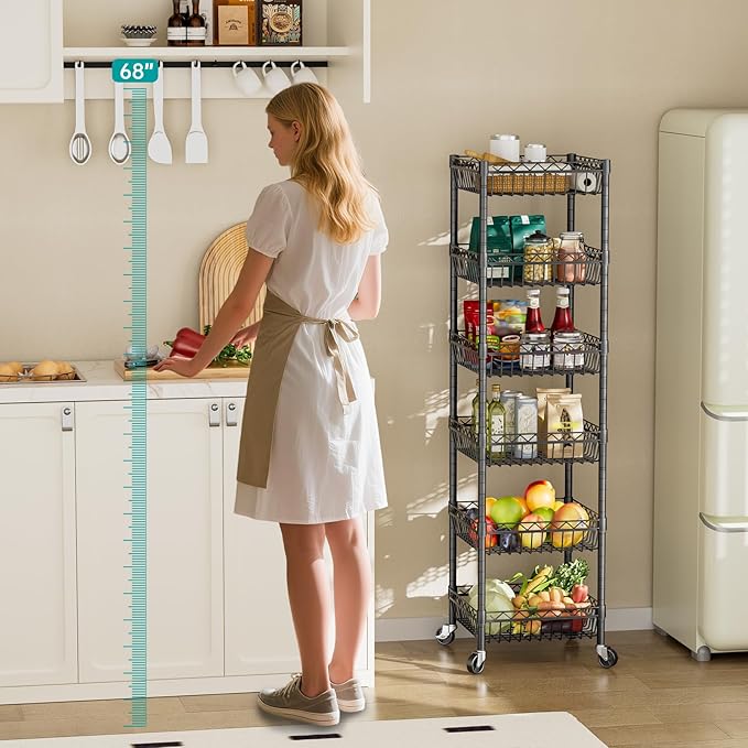 SINGAYE 6 Tier Shelf Wire Shelving Adjustable Storage Shelves Basket Rack | Adjustable Shelves with Wheels Metal Storage Unit Closet Bathroom Organizers Pantry Kitchen Garage Laundry Room Black