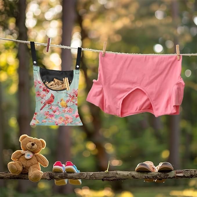 Bird Cherry Blossom Large Capacity 14.5 x 12 Inch Clothespin Bag with Hanging Hook Waterproof Clothes Pin Hanging Bag Clothespin Storage Organizer with Large Opening