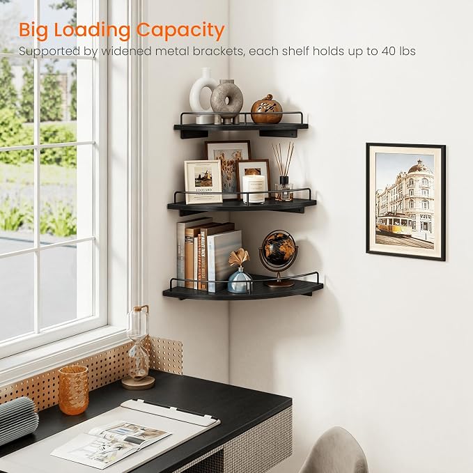 Homode 3 Tier Corner Floating Shelves, Wooden Corner Shelf Wall Mount 9/10/12 Inch with Guardrail, Rounded Hanging Corner Wall Storage Shelving for Bedroom Bathroom Kitchen Office, Black