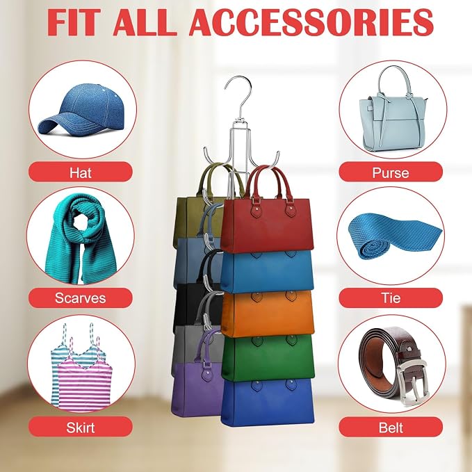 Purse Hanger for Closet, Collapsible Metal Purse Organizer with 20 Big Hooks(2 Pack), 360° Rotation for Better Organizer&Display, Foldable Bag Hangers Space Saving for Handbag, Belt, Scarve, Tie